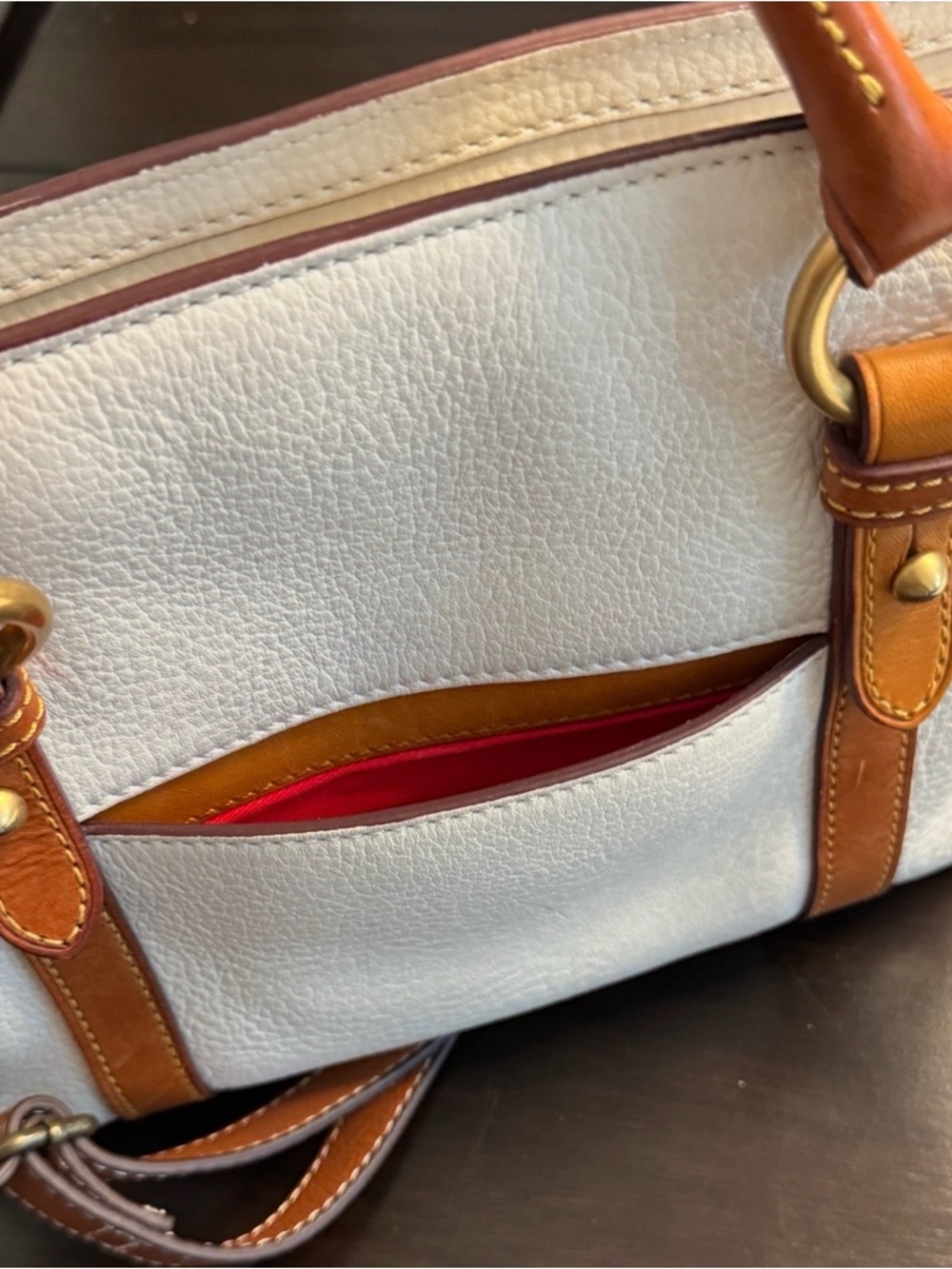 Dooney & Bourke Cream Leather Satchel with Brown Trim and Brass Hardware - Picture 12 of 12